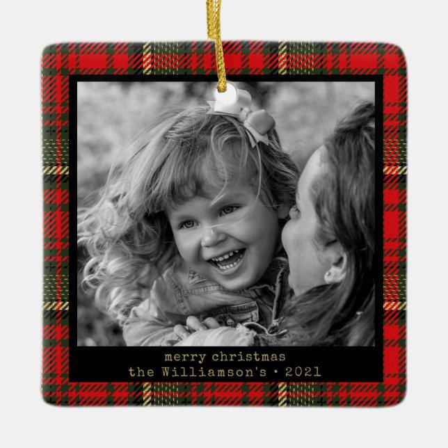 Ornement En Céramique Famille Plaid Rouge et or Noël (Devant)
