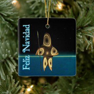 Ornement En Céramique Feliz Navidad - Fractal Inuit Hunter