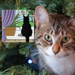 Ornement En Céramique Fenêtre Chat noir regardant dehors
