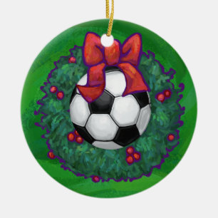 Ornement En Céramique Festif balle de soccer couronne de Noël sur vert