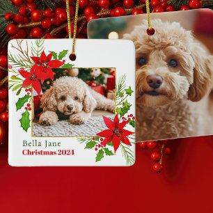 Ornement En Céramique Festif Chien Photo Noël Rouge Poinsettia Floral