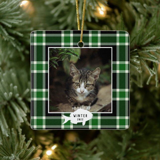 Ornement En Céramique Festif Green Plaid Nom du chat Noël (Arbre)