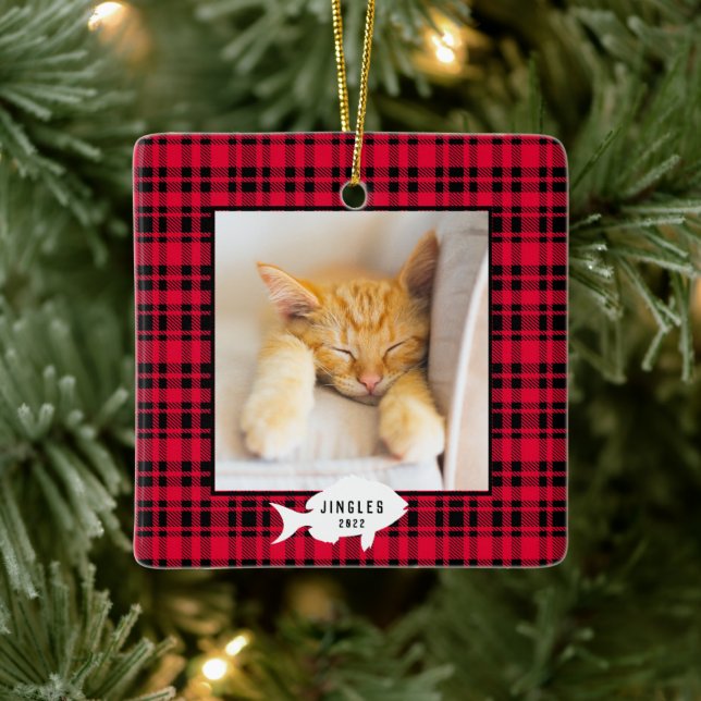 Ornement En Céramique Festif Rouge Plaid Nom du chat Noël (Arbre)