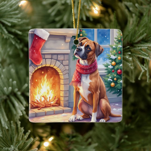 Ornement En Céramique Festive Fireplace Boxer Christmas Art (Arbre)