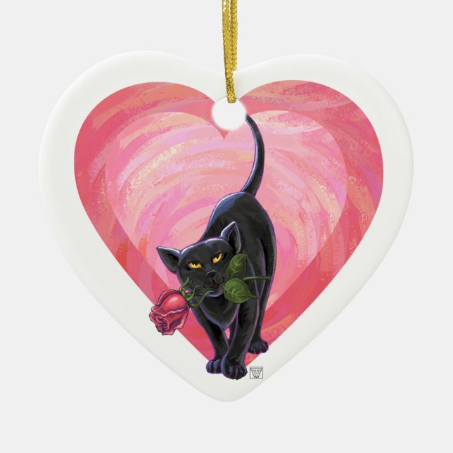 Ornement En Céramique Fête de la Saint-Valentin au chat noir (Devant)