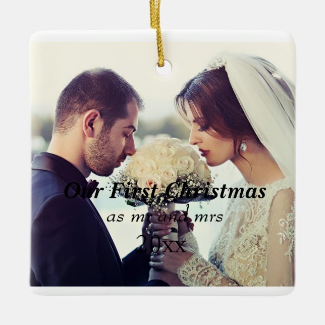 Ornement En Céramique fête de mariage, cadeau mariage, Notre premier Noë (Devant)