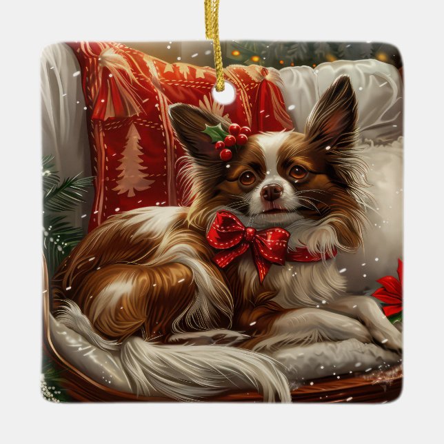 Ornement En Céramique Fête de Noël de chien de Papillon (Devant)