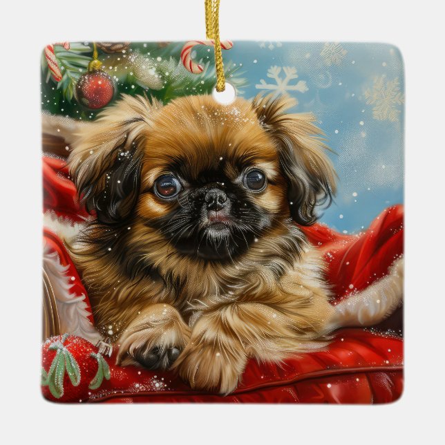 Ornement En Céramique Fête de Noël des chiens de Pékin (Devant)