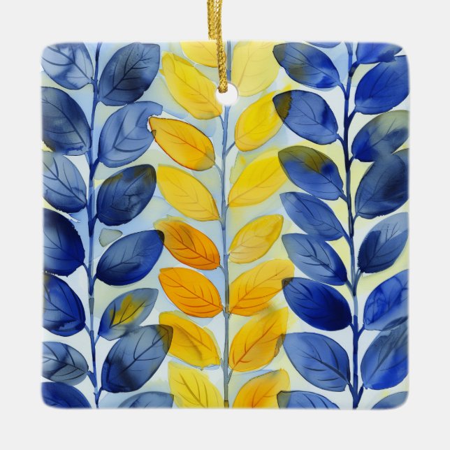 Ornement En Céramique Feuilles jaune et bleu (Devant)