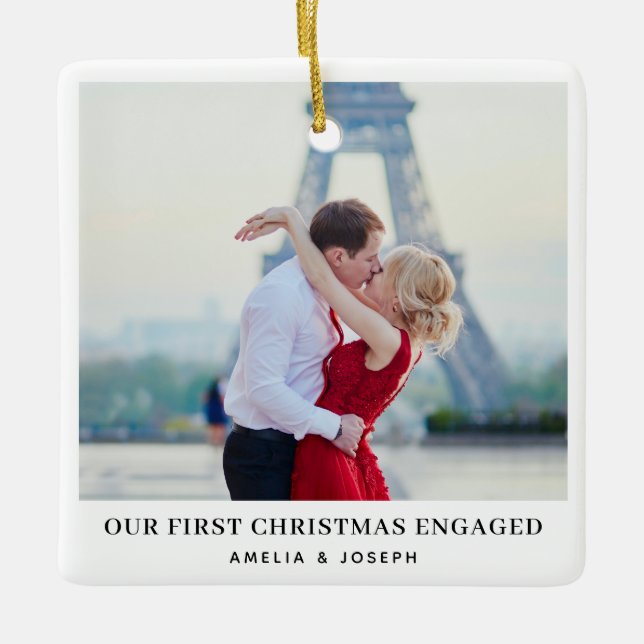 Ornement En Céramique Fiançailles élégant | Première photo de Noël (Devant)