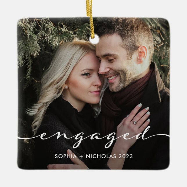 Ornement En Céramique Fiancé | Script simple et deux photos (Devant)