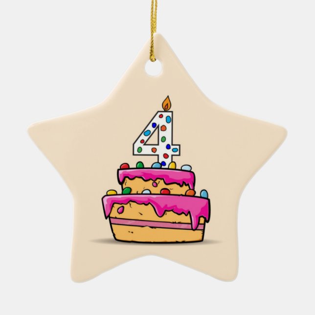 Ornement En Céramique Fille 4e anniversaire, 4 sur Gâteau rose doux (Devant)