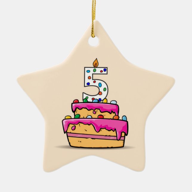 Ornement En Céramique Fille 5e anniversaire, 5 sur Gâteau rose doux (Devant)
