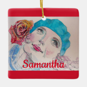 Ornement En Céramique Fille avec Rose Rouge Beret Aquarelle Filles Nom
