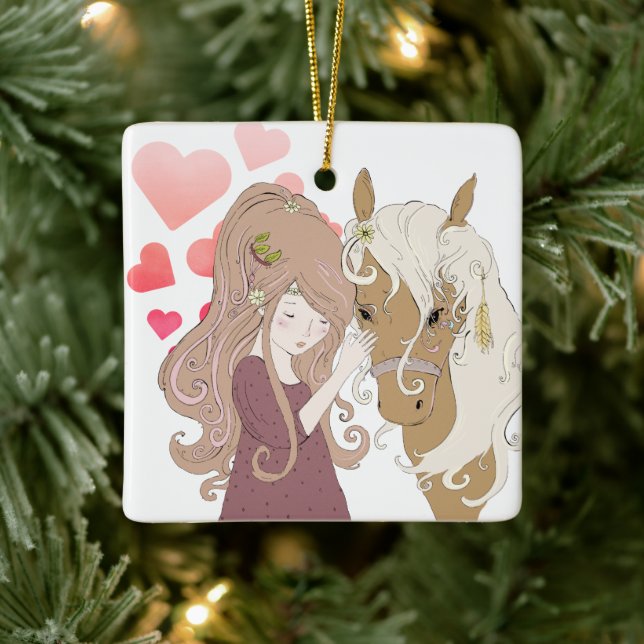 Ornement En Céramique Fille, cheval et coeur personnalisés Noël (Arbre)