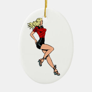 Ornement En Céramique Fille de charme vintage de la porte d'à côté, Blon
