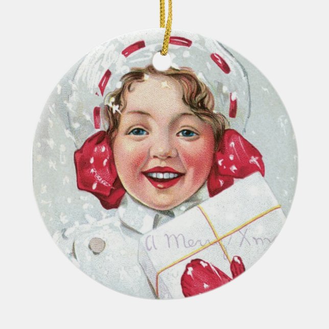 Ornement En Céramique Fille de Noël avec le paquet (Devant)