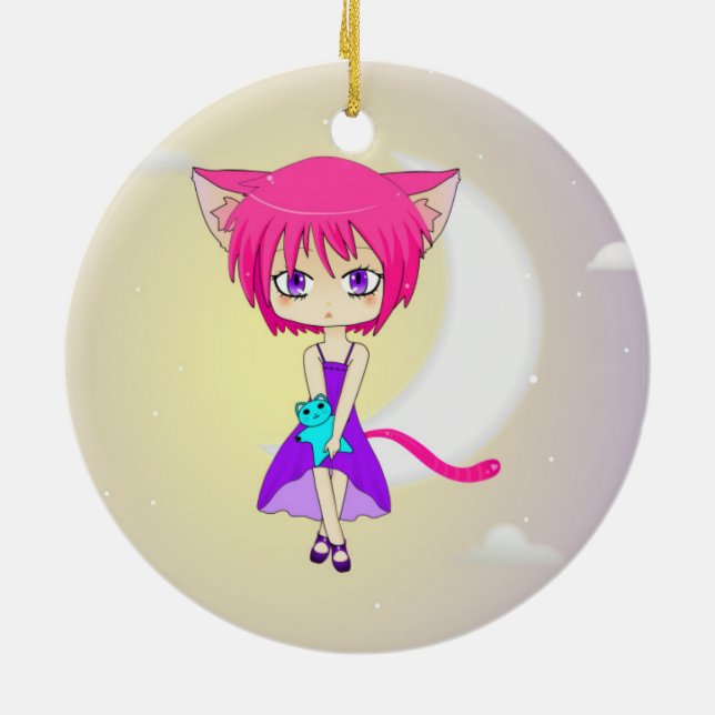 Ornement En Céramique Fille d'une chevelure rose d'Anime de Neko, (Dos)