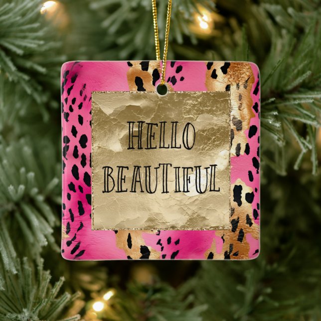 Ornement En Céramique Fille Pink Glam Gold Leopard Bonjour belle (Arbre)