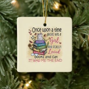 Ornement En Céramique Fille qui aime les livres et les chats