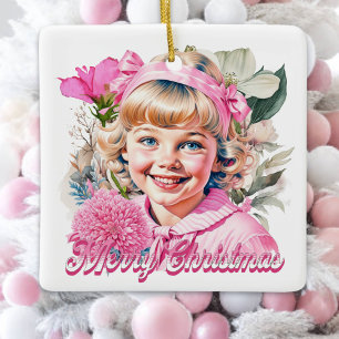 Ornement En Céramique Fille Rose Vintage Fleurie Joyeux Noël