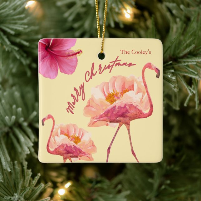 Ornement En Céramique Flamant rose Tropical Personnalisé Garde de Noël (Arbre)