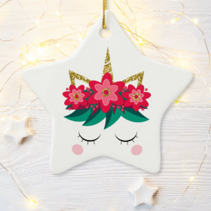 Ornement En Céramique Fleurs de visage de Noël Unicorne Personnalisées