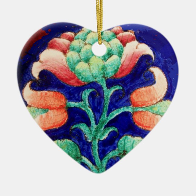 Ornement En Céramique FLEURS ROSES Vert Bleu Floral Coeur (Devant)