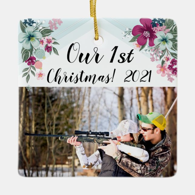 Ornement En Céramique Fleurs tropicales personnalisées XMAS sur Blu (Devant)