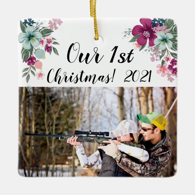 Ornement En Céramique Fleurs tropicales personnalisées XMAS sur Whi (Devant)