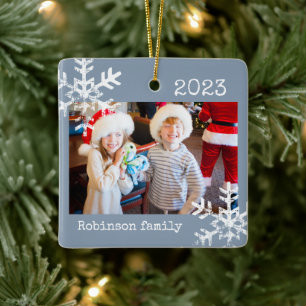 Ornement En Céramique Flocon de neige rustique Famille Dusty Blue