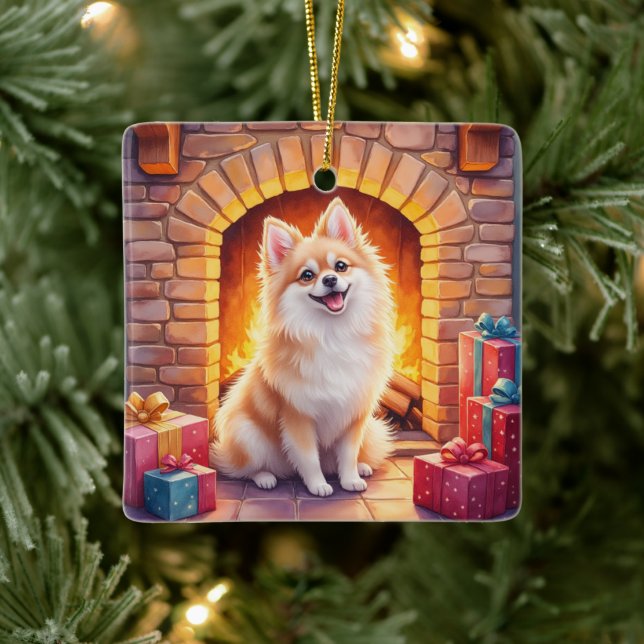 Ornement En Céramique Fluffy Pomeranian Cozy Christmas Fireplace Dog Art (Arbre)