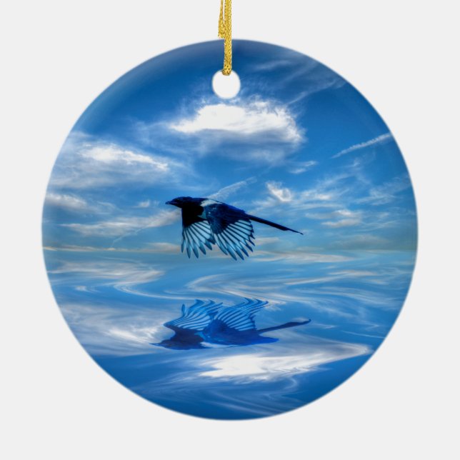 Ornement En Céramique Flying Blue Magpie & Reflet Sky (Dos)