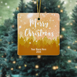 Ornement En Céramique Forêt de neige dorée recto verso Joyeux Noël