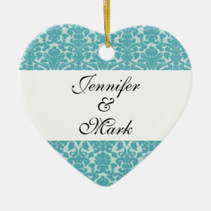 Ornement En Céramique Forme de coeur damasé bleu de robin personnalisé