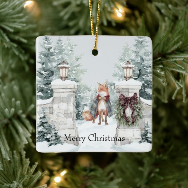 Ornement En Céramique Fox Green Coat Snow Christmas (Arbre)