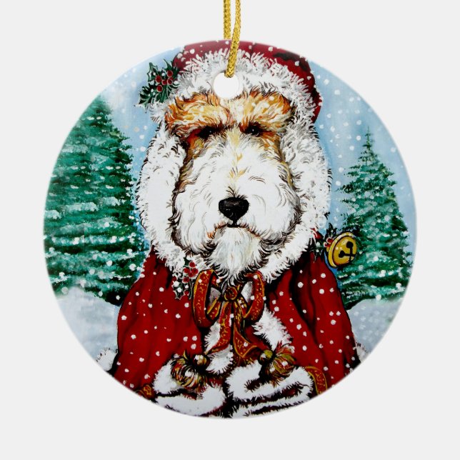 Ornement En Céramique Fox Terrier Père Noël de fil (Devant)