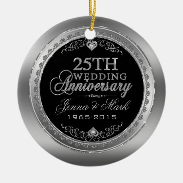 Ornement En Céramique Frame & Coeurs 25e anniversaire du Mariage (Devant)