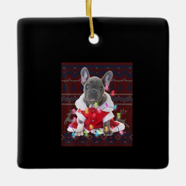 Ornement En Céramique French bulldog Christmas Lights Ugly Sweater Dog (Devant)