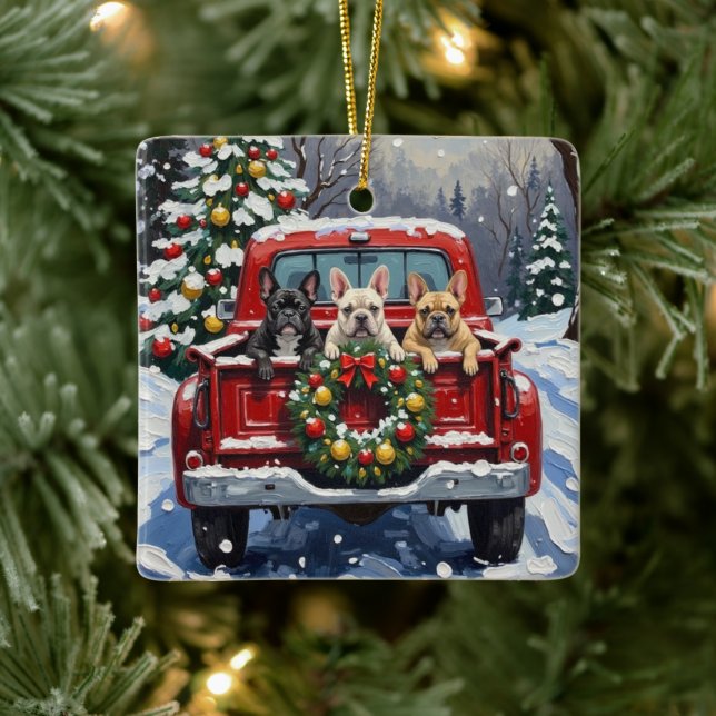 Ornement En Céramique French Bulldog Christmas Red Truck Holiday (Arbre)