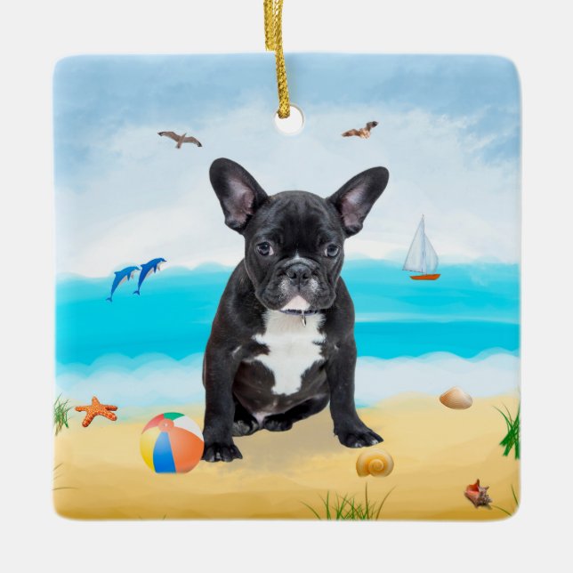 Ornement En Céramique French Bulldog sur la plage (Devant)
