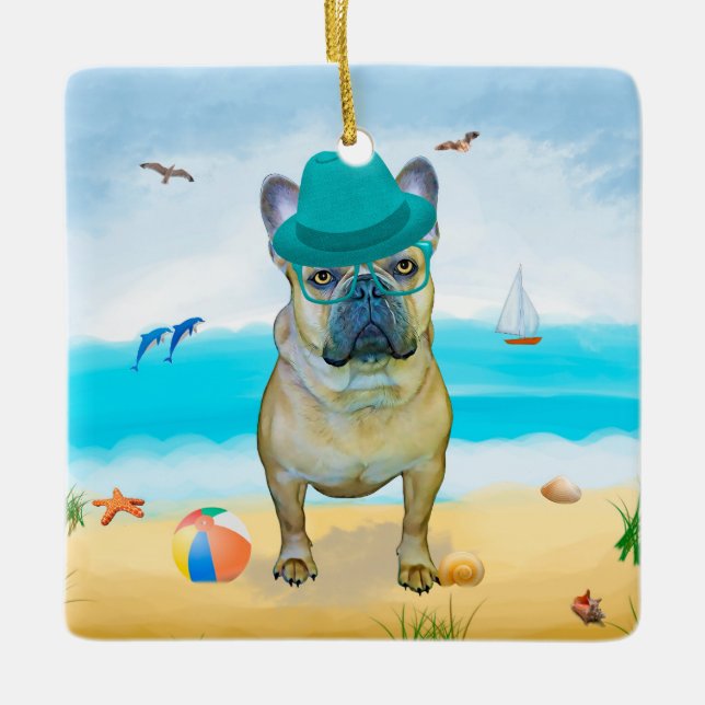 Ornement En Céramique French Bulldog sur la plage (Devant)