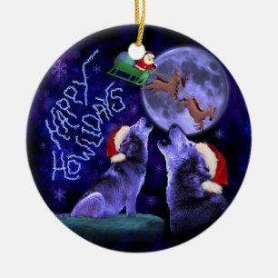Ornement En Céramique Funny Christmas Wolf Pun Happy Howlidays Humour