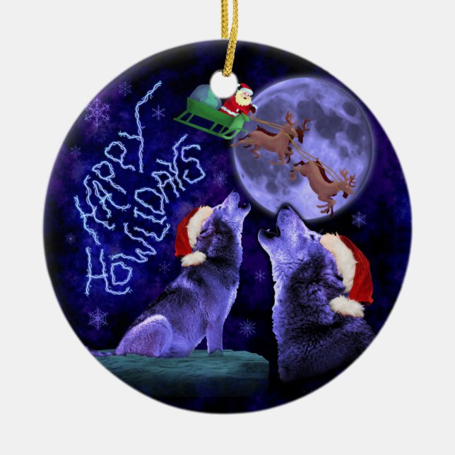 Ornement En Céramique Funny Christmas Wolf Pun Happy Howlidays Humour (Devant)