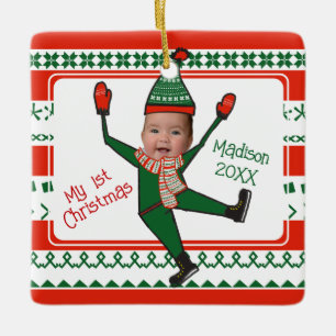 Ornement En Céramique Funny Elf My First Christmas Red Green Custom
