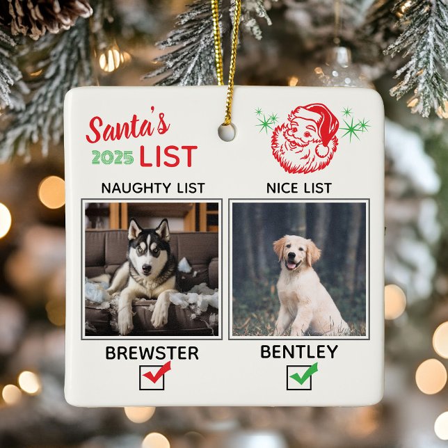 Ornement En Céramique Funny Naughty or Nice Dog Photo Christmas (Funny Naughty or Nice Dog Photo Christmas Ceramic Ornament)