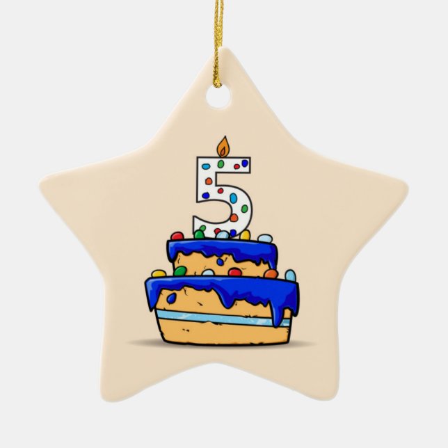 Ornement En Céramique Garçon 5e anniversaire, 5 sur Gâteau bleu doux (Devant)