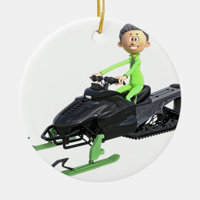 Ornement En Céramique Garçon de bande dessinée sur un Snowmobile (Devant)