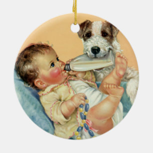 Ornement En Céramique Garçon mignonne vintage avec bouteille et Chien ch