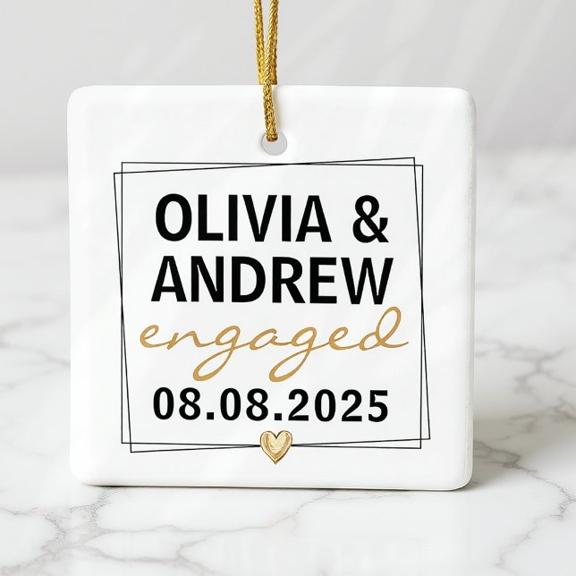 Ornement En Céramique Garde-photo Black Gold Script engagé (Créateur téléchargé)